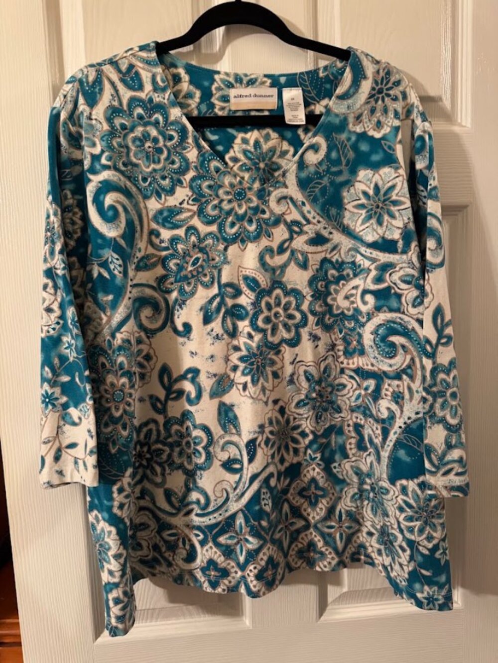 Alfred Dunner Plus Size Printed V Neckline 3/4- Sleeve Top With Beading